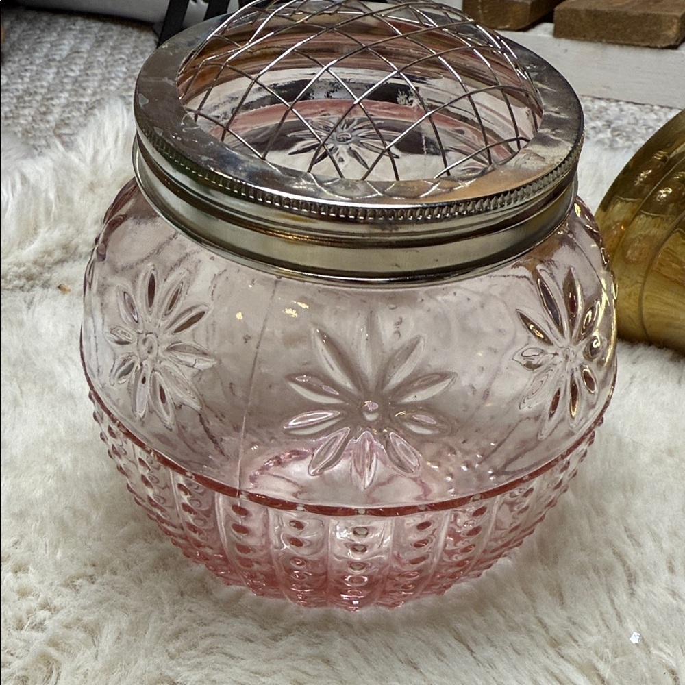 Vintage ASP pink pressed glass vase with dome wire lid. Floral design. 5” 3.5”